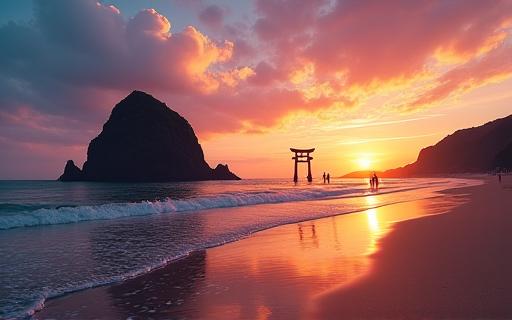 夕暮れの稲佐の浜と弁天島